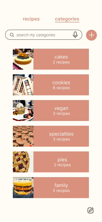 The 2024 hi-fi design: recipes and categories sit side by side as two tabs. The categories tab is selected, with a search-my-categories field and rows for cakes, cookies, vegan, specialties, pies and family, each with a recipe count.
