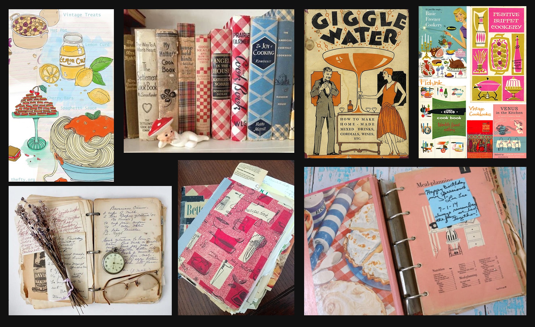 The 2024 moodboard: vintage cookbook spines in gingham and checks, a 1920s Giggle Water cover, mid-century recipe pamphlets, and three well-used handwritten recipe binders, one with a pocket watch and reading glasses, one stuffed with loose cards, one with a birthday note taped inside.