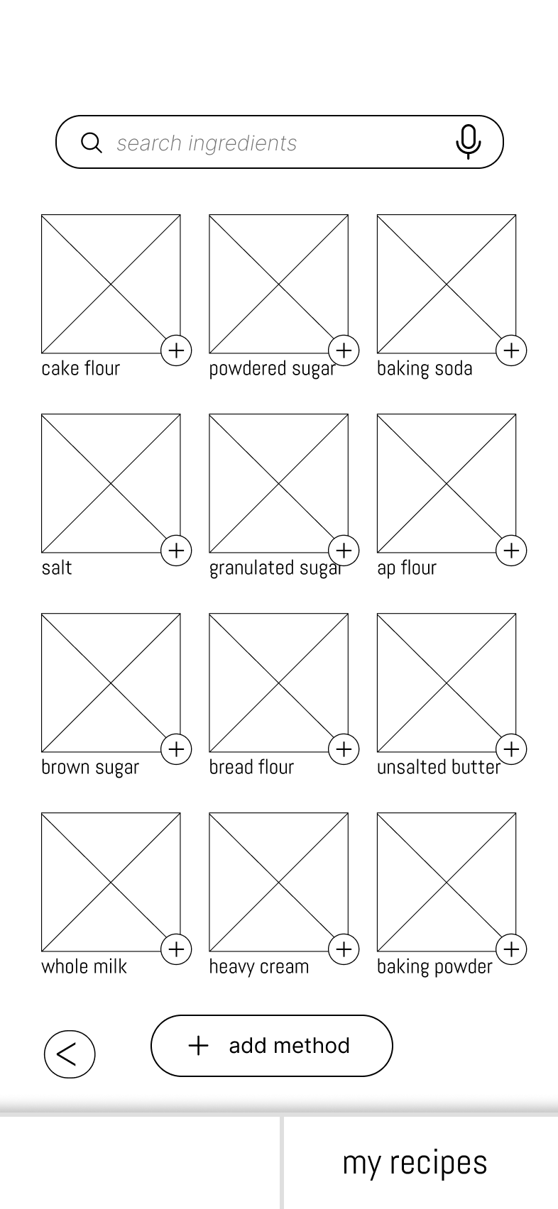 Wireframe: a searchable ingredient grid, the search field carrying a microphone icon.