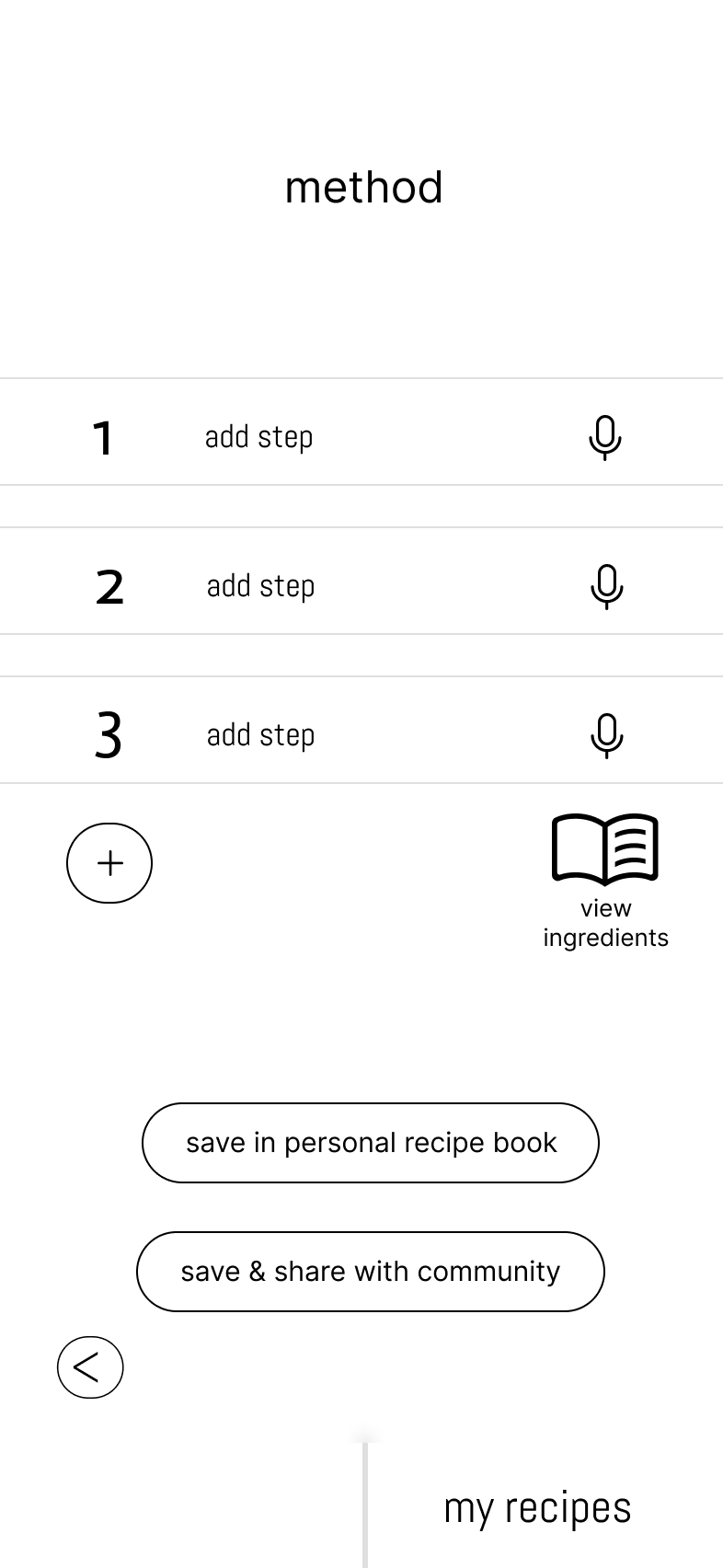 Wireframe: numbered method steps, each step with its own microphone icon.