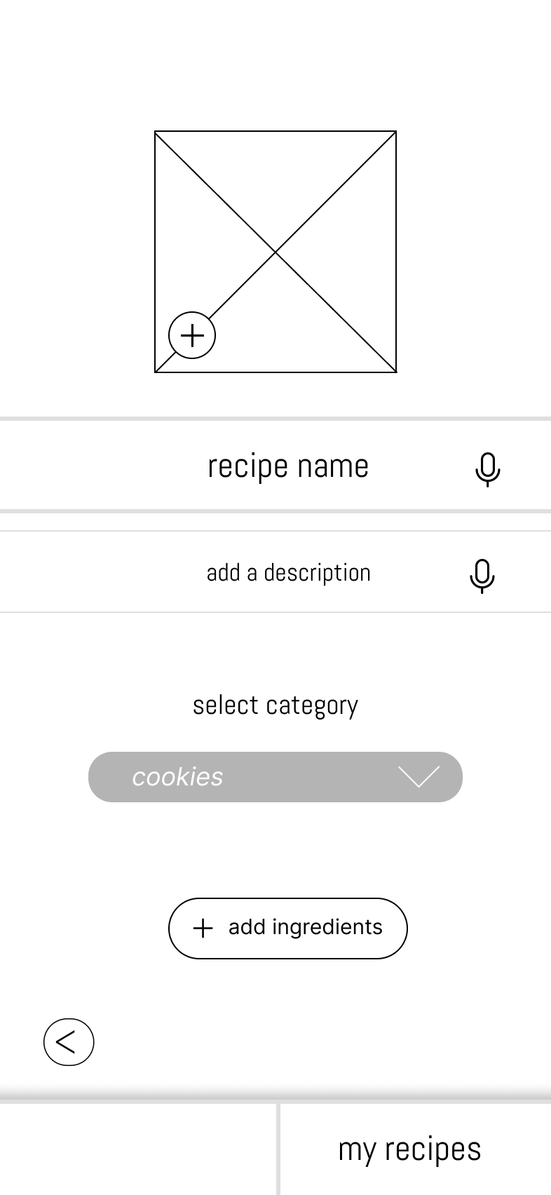 Wireframe of the new-recipe screen: an image placeholder, recipe name and description fields each with a microphone, category selection, and an add-ingredients button.