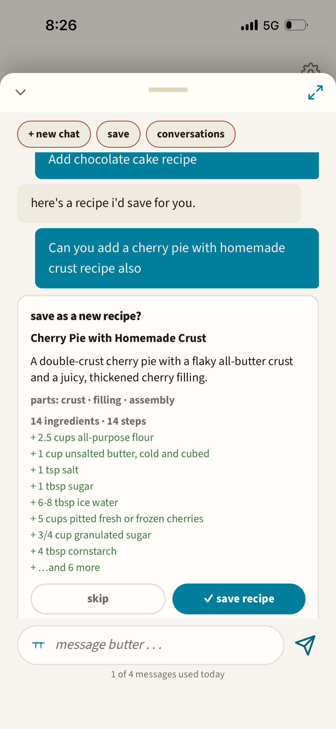 butter drafting a whole recipe in conversation, with a save card summarising its parts, ingredients and steps.