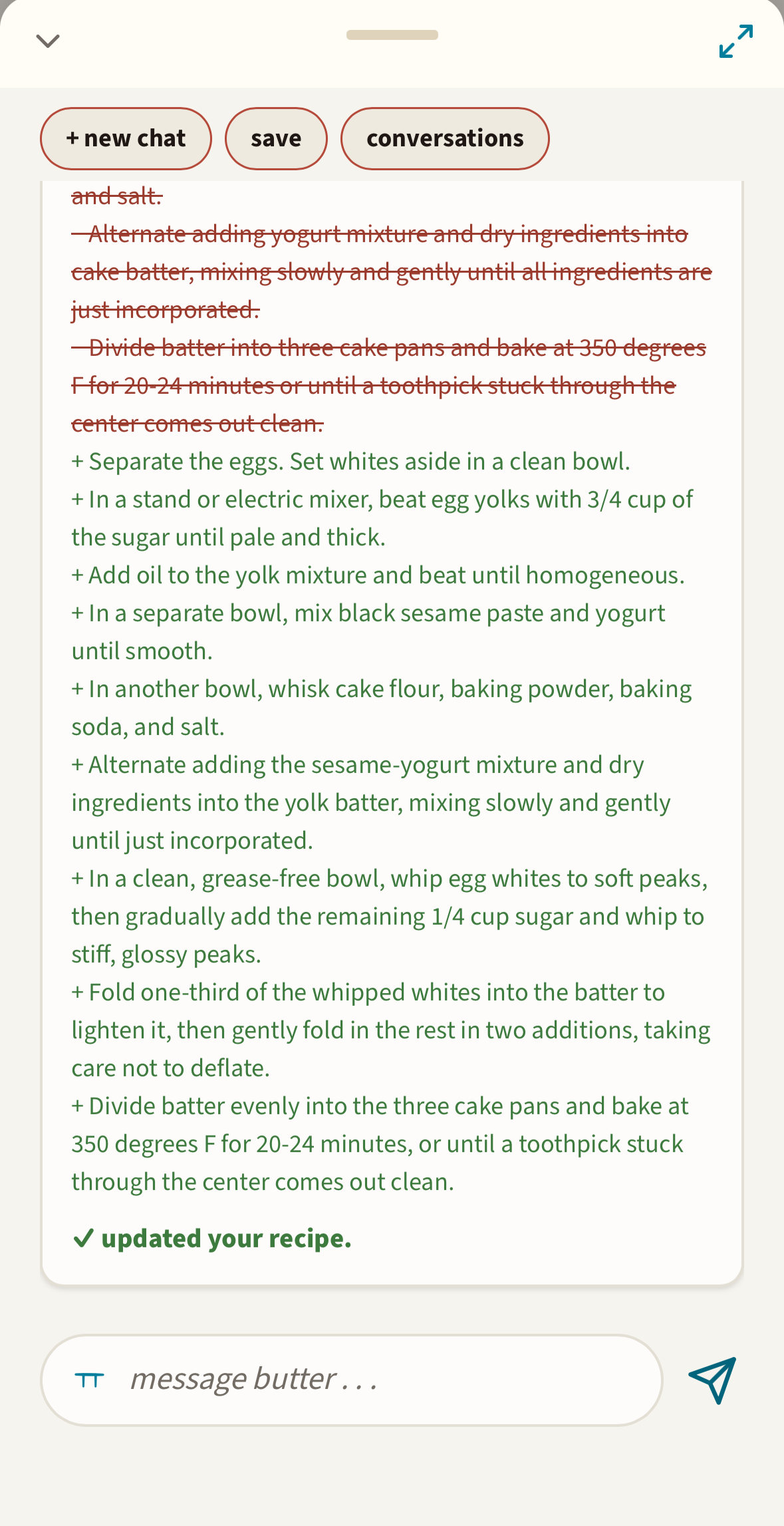 butter rewriting a recipe's method: removed steps struck through in red, added steps marked in green, ending with a confirmation that the recipe was updated.