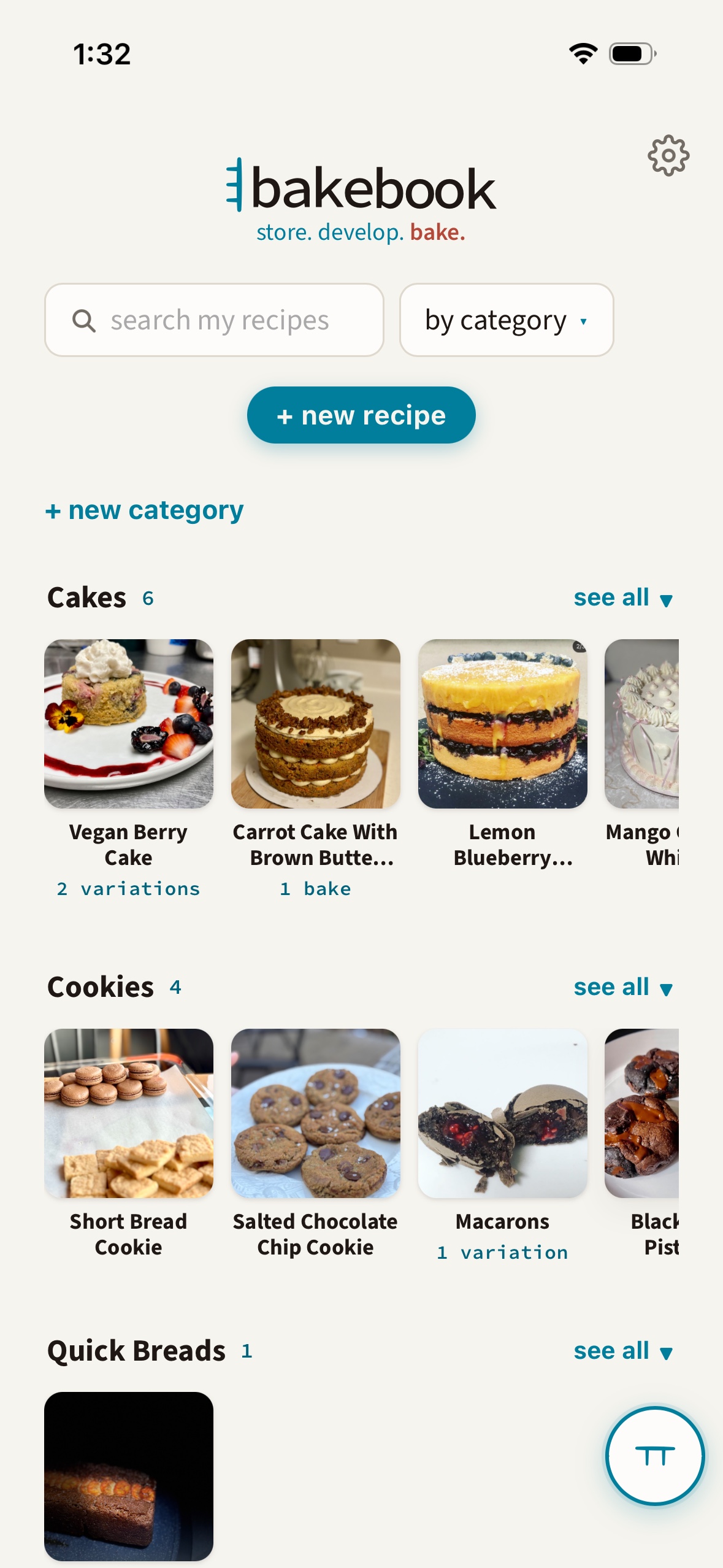 The current build: the categories tab is gone. A sort control reading 'by category' sits beside the search field, grouping the recipe list into rows headed Cakes, Cookies and Quick Breads.