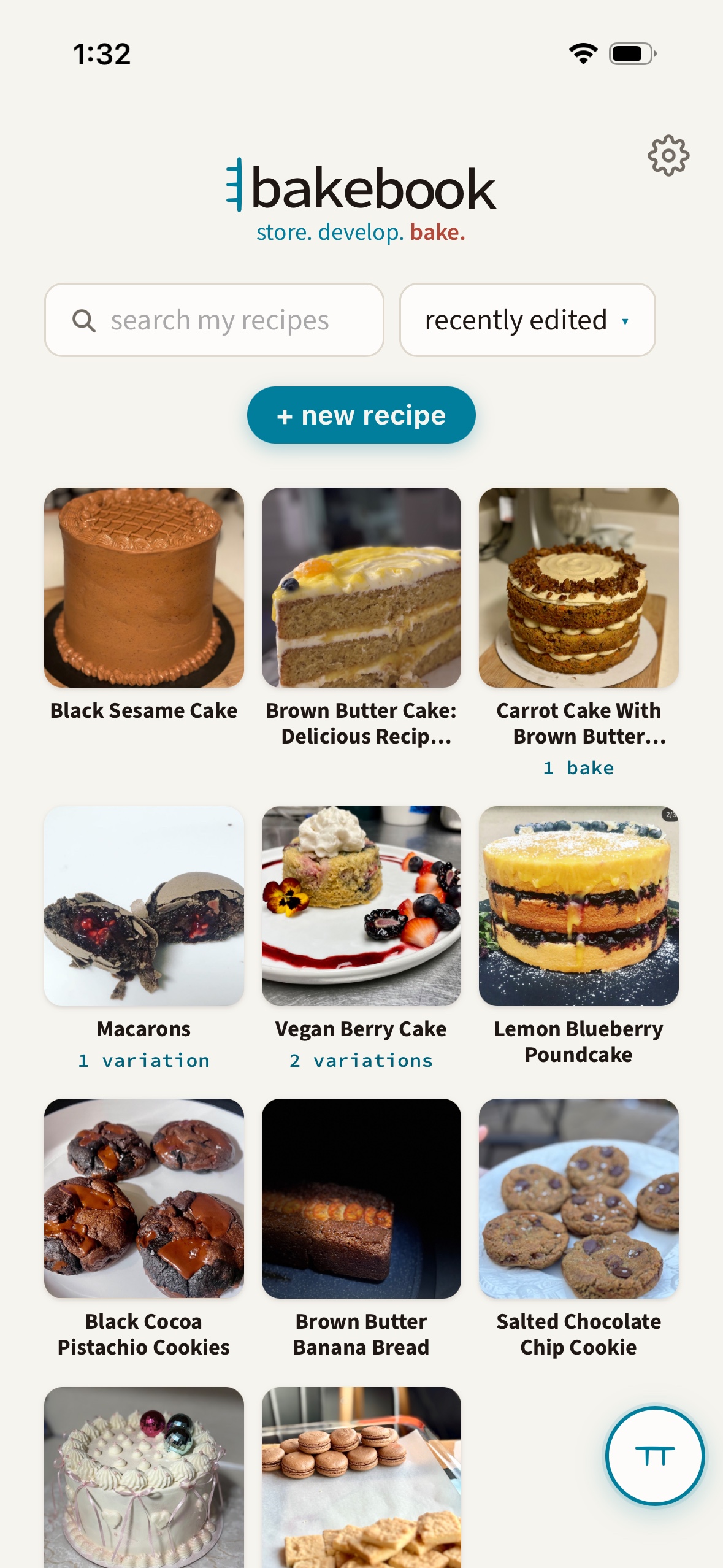 The bakebook recipe library: a grid of the baker's own photographed bakes, several marked with a variation or bake count.