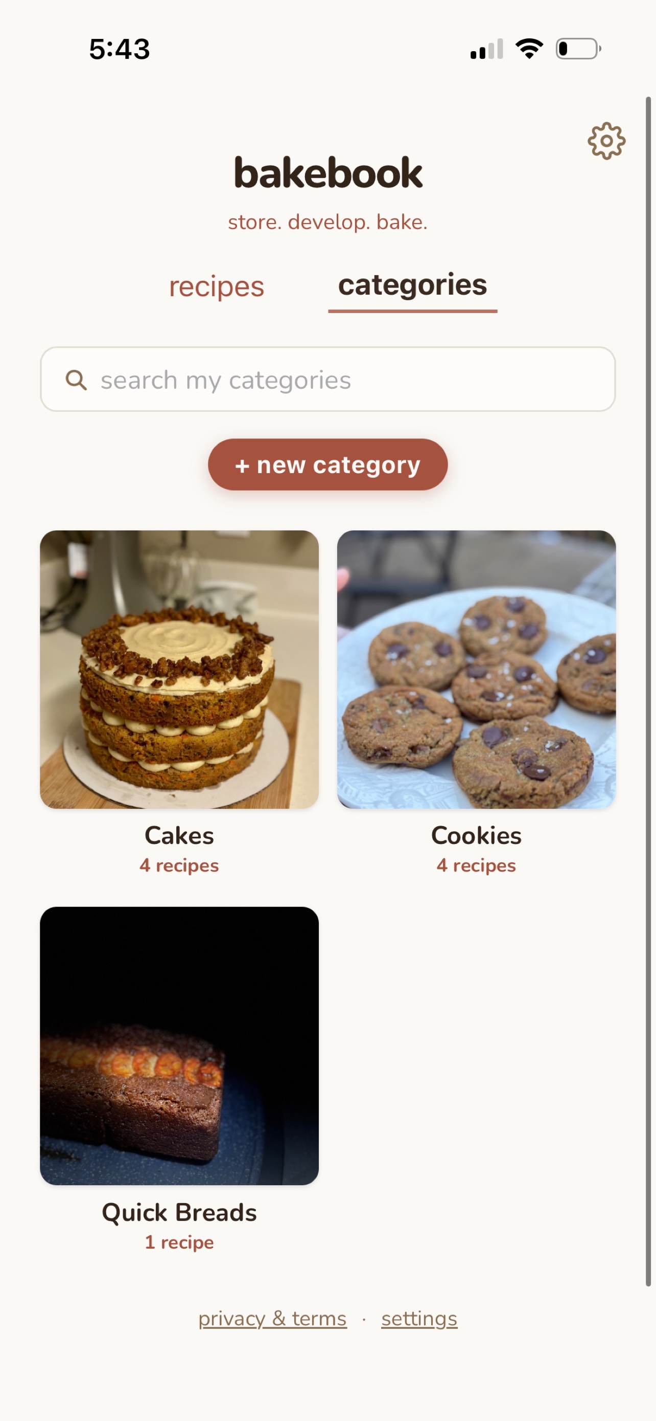 The July 2026 App Store build: the same two tabs, categories still selected, rebuilt as a grid of image-backed category cards with recipe counts.