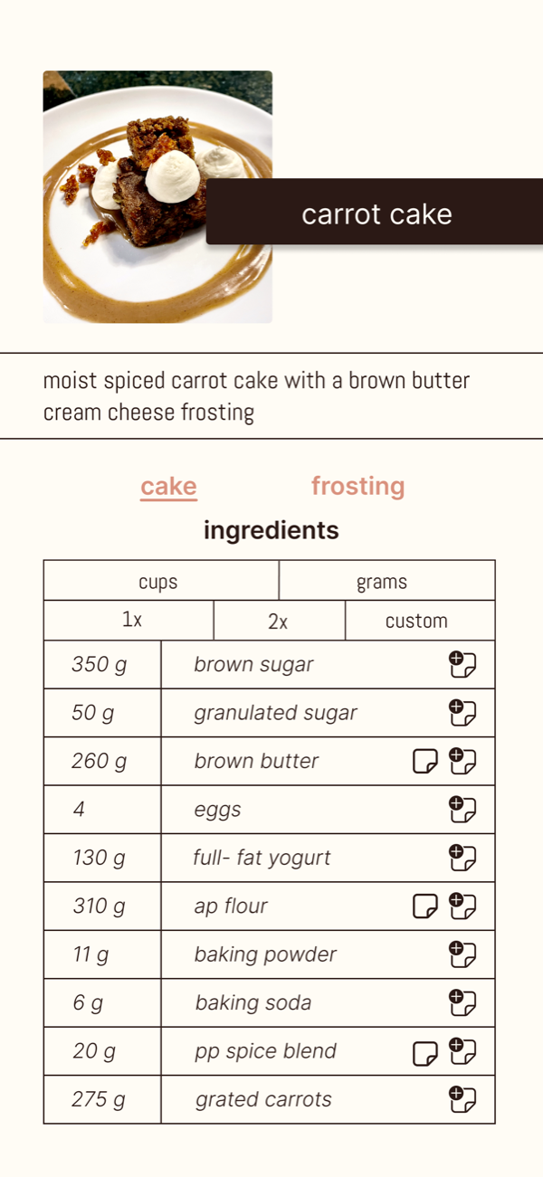 The same recipe designed: a photograph and a one-line description, cake and frosting tabs, then the same ingredients table, cups/grams over 1x/2x/custom, and ten ingredients in grams below.