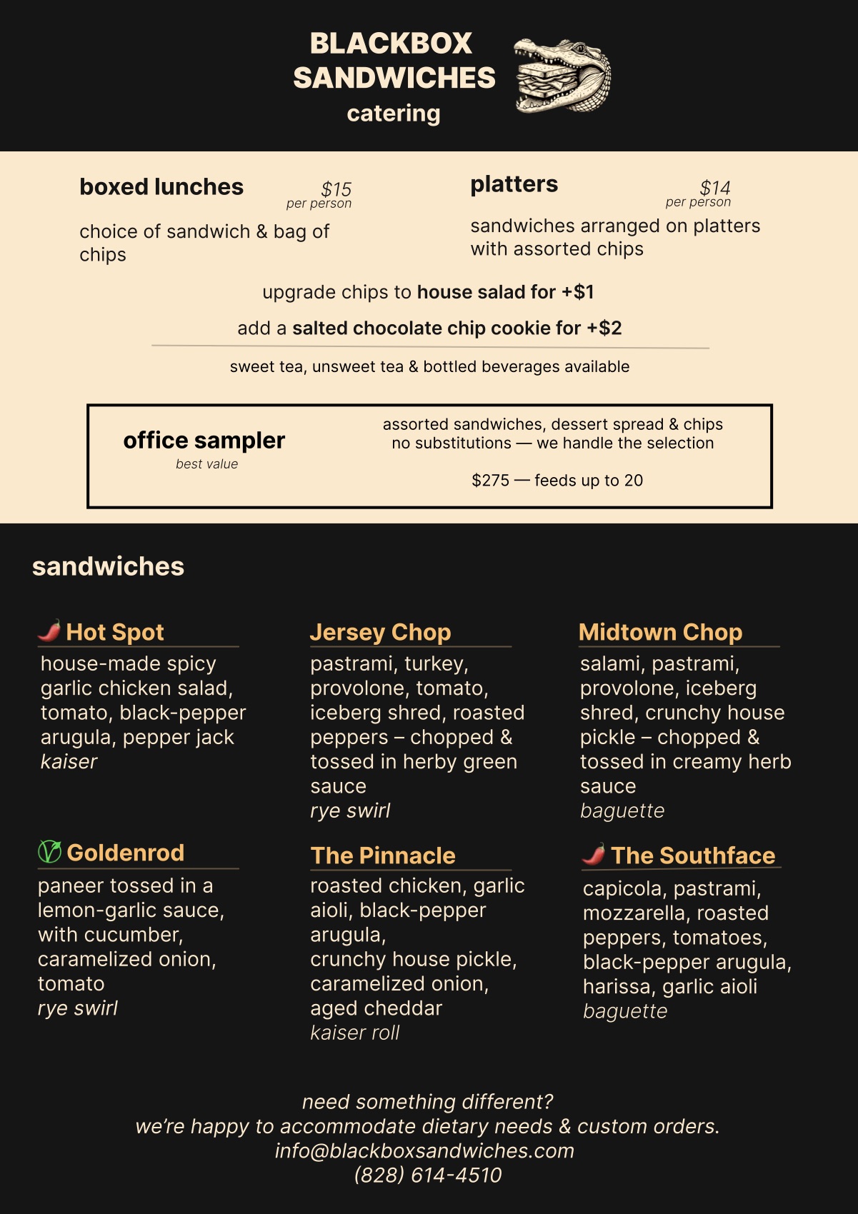 The catering card: a black header with the wordmark and the alligator, a cream band carrying boxed lunches at fifteen dollars a head and platters at fourteen, upgrades, and a boxed office sampler at $275 feeding up to twenty with no substitutions, then six sandwiches on black below, two of them described as chopped and tossed in a sauce.