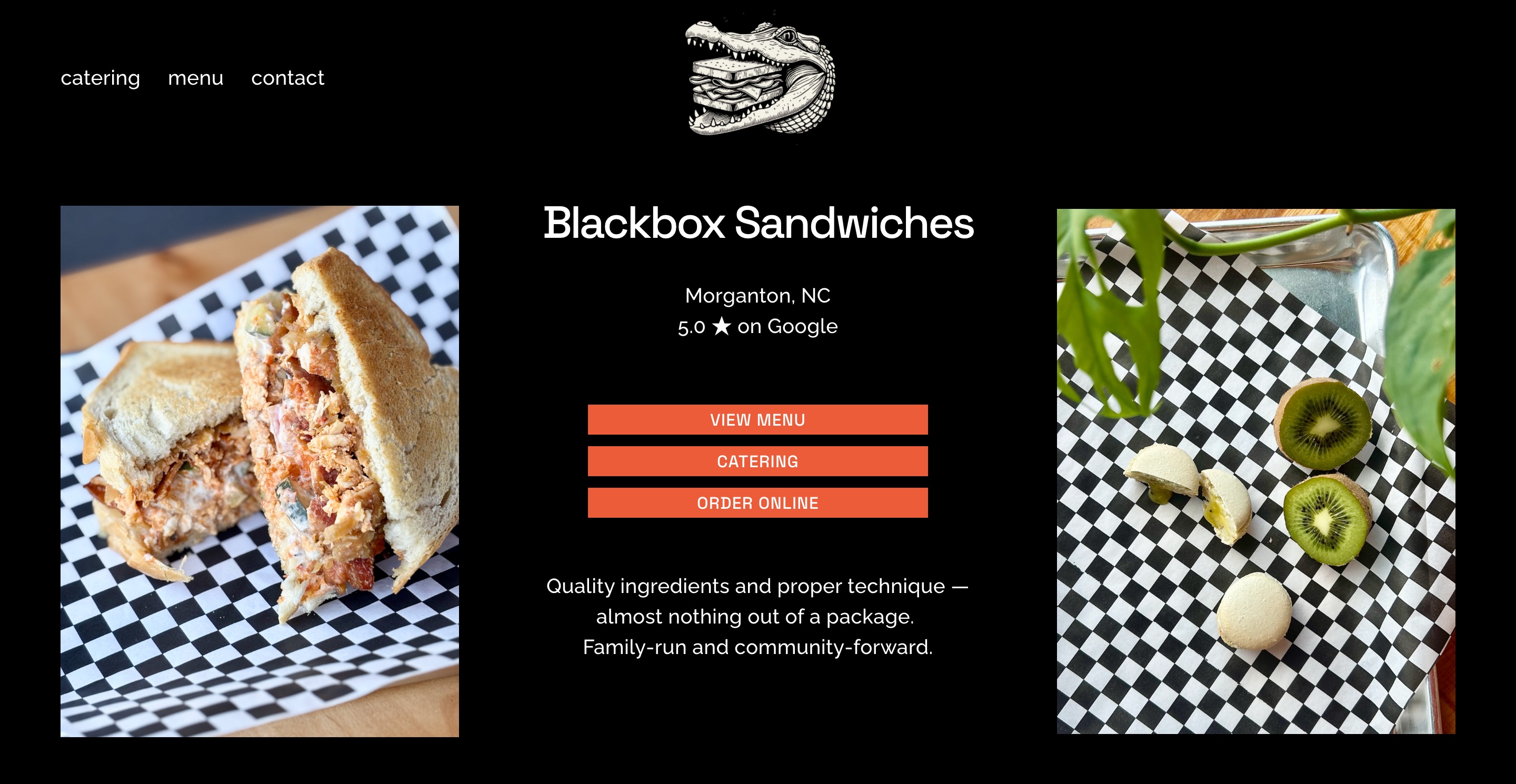 The top of the homepage in black: the alligator logo, the shop name, Morganton NC and 5.0 on Google, three orange buttons reading view menu, catering and order online, and two photographs of food shot on the shop's checkered paper.