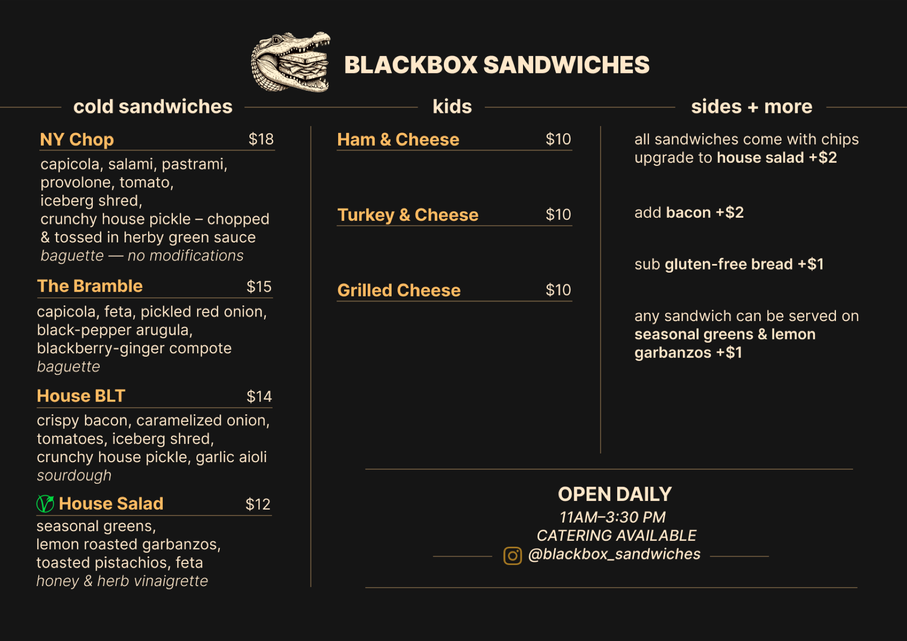 The back of the menu: cold sandwiches, a kids column and a sides column, with opening hours and the catering line at the foot.