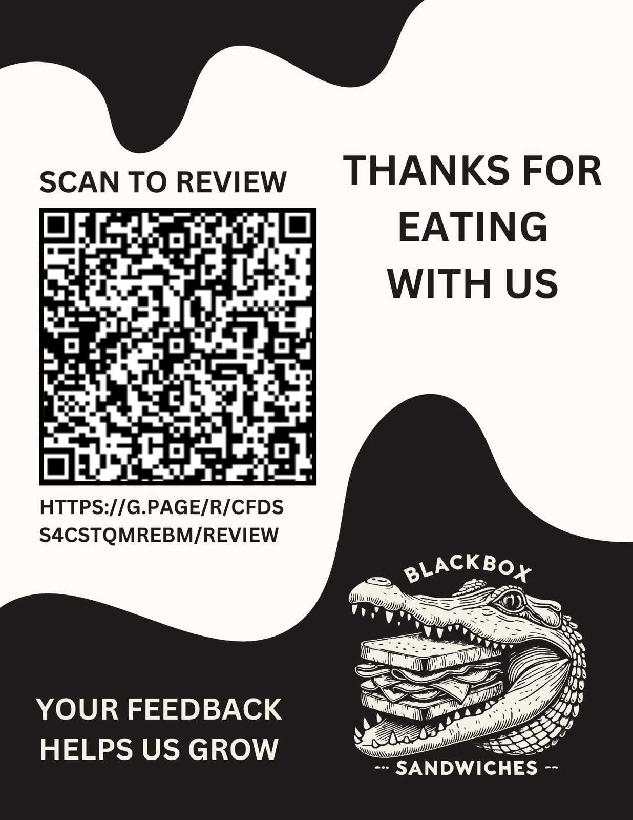The review card: a cream ground with torn black shapes across the top and bottom corners, a large QR code labeled SCAN TO REVIEW, the words THANKS FOR EATING WITH US in black capitals, YOUR FEEDBACK HELPS US GROW at the foot, and the alligator logo in the lower right.
