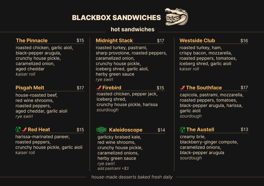 The front of the menu, cream type on black: nine hot sandwiches in three columns, each with a name, price, description in gray, and the bread in italic underneath. Chili and leaf markers flag spicy, vegetarian and vegan. A rule at the foot reads 'all sandwiches come with chips – upgrade to house salad for $2'.