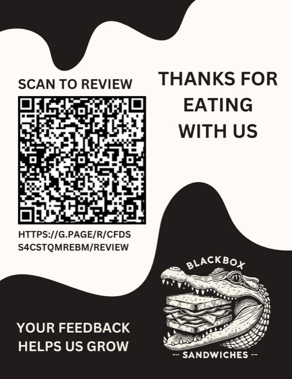 The review card: a cream ground with torn black shapes across the top and bottom corners, a large QR code labeled SCAN TO REVIEW, the words THANKS FOR EATING WITH US in black capitals, YOUR FEEDBACK HELPS US GROW at the foot, and the alligator logo in the lower right.