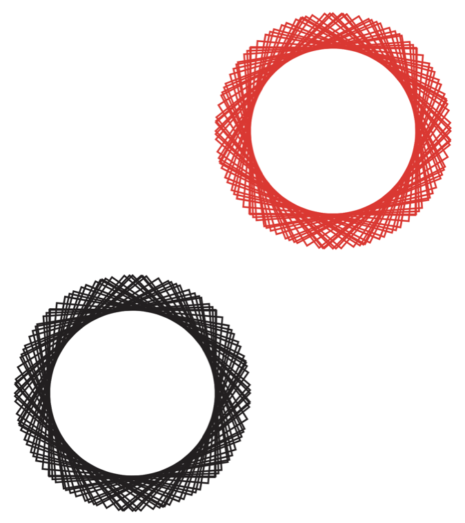 A close-up of two buttons on a shirt, each circle built entirely from overlapping squares, one drawn in red and one in black.