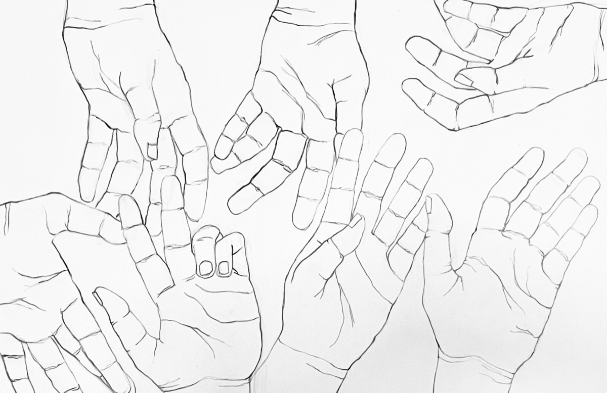 A sheet of hand studies: the same hand drawn repeatedly from different angles, overlapping and filling the sheet edge to edge.